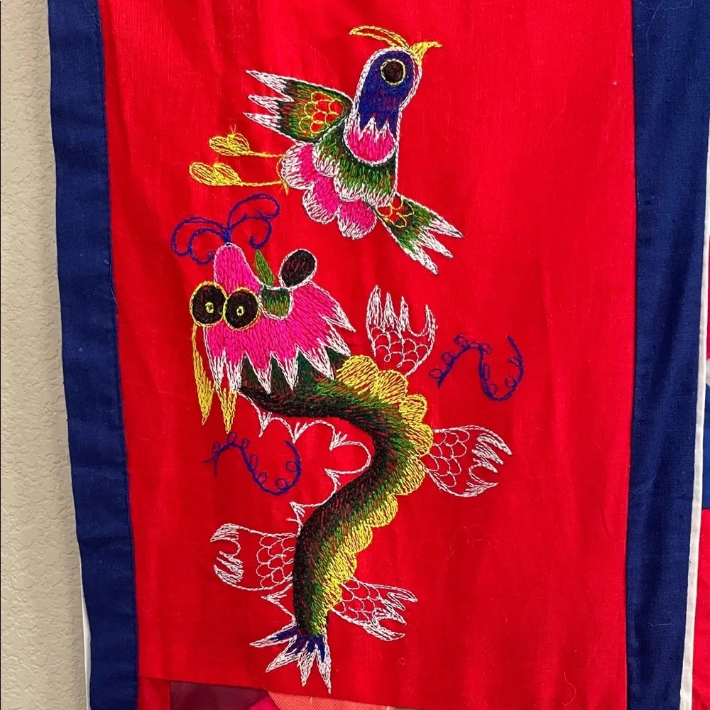 Colorful Patchwork Tapestry with Dragon and Panda Embroidered Design